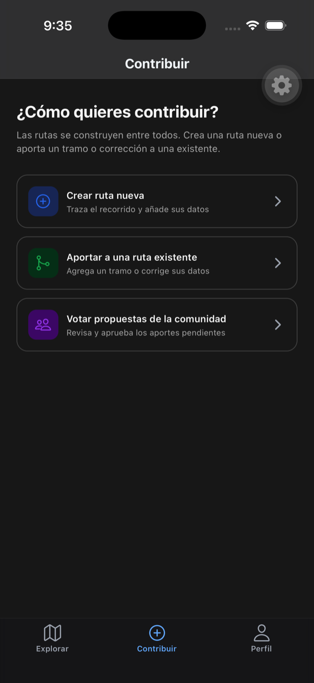 Pantalla Contribuir: crear ruta nueva, aportar a una existente o votar propuestas