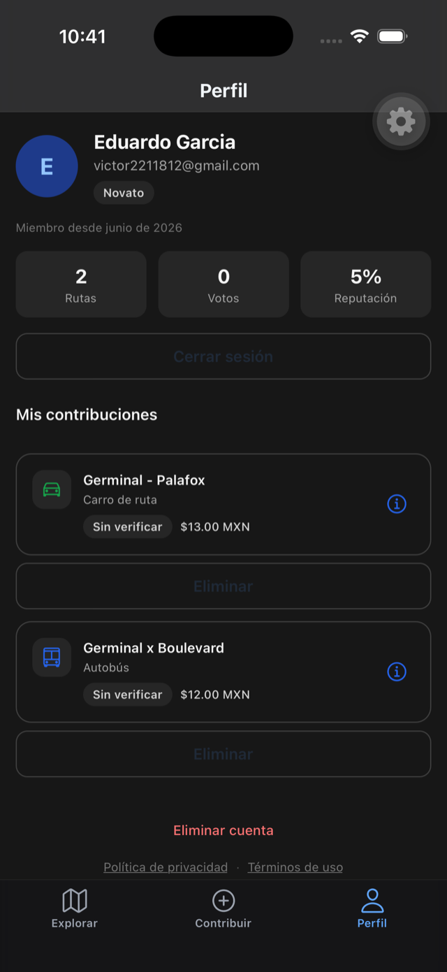Pestaña Perfil de la app con la opción Eliminar cuenta al final