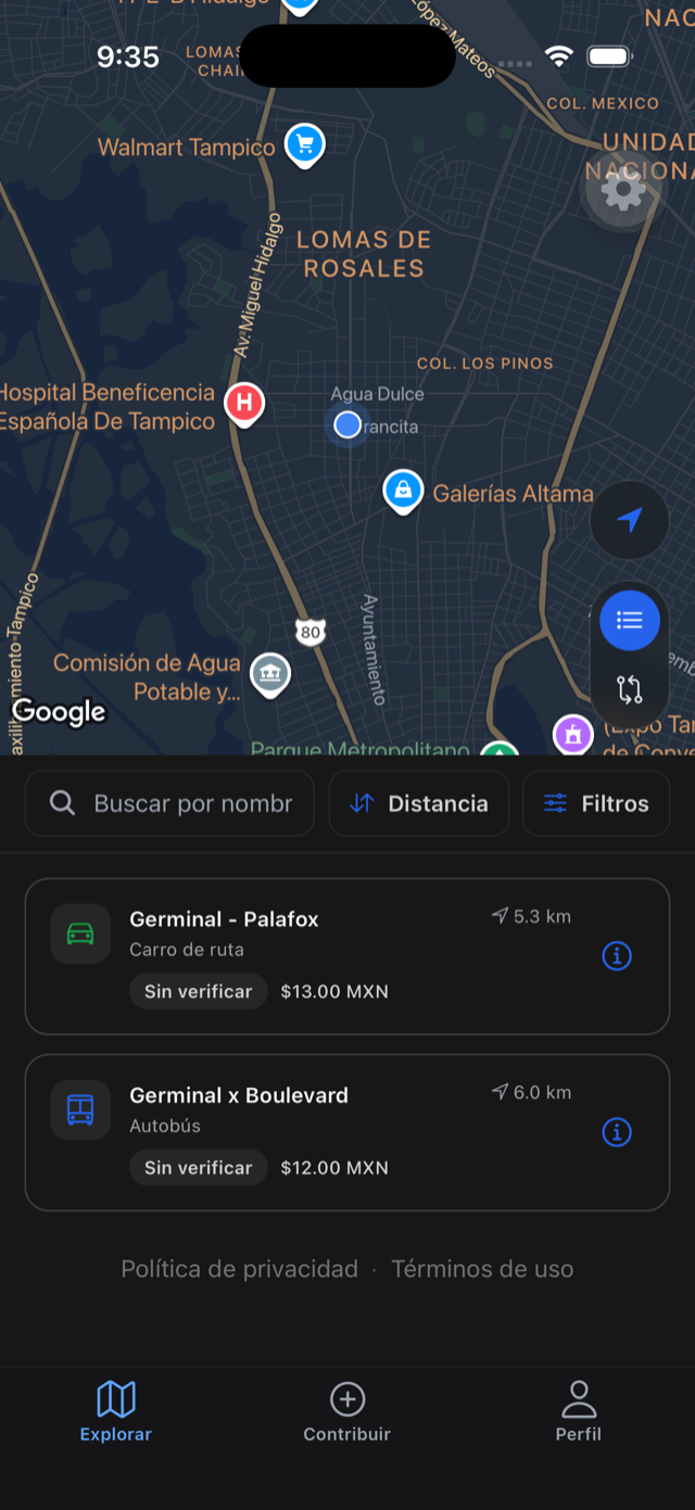 Pantalla Explorar: mapa con rutas cercanas, costo y estado de verificación