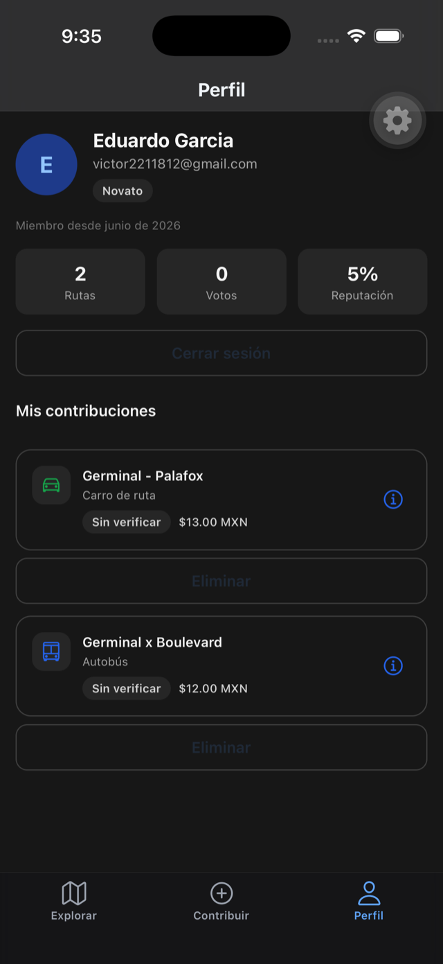 Pantalla Perfil: contribuciones, votos y reputación del usuario